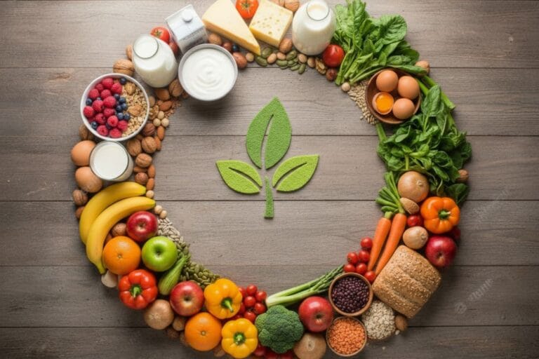 Krog iz svežega sadja, zelenjave, oreščkov, žit in mlečnih izdelkov, ki simbolizira raznoliko vegetarijansko prehrano, z zelenim listnim simbolom na sredini.
